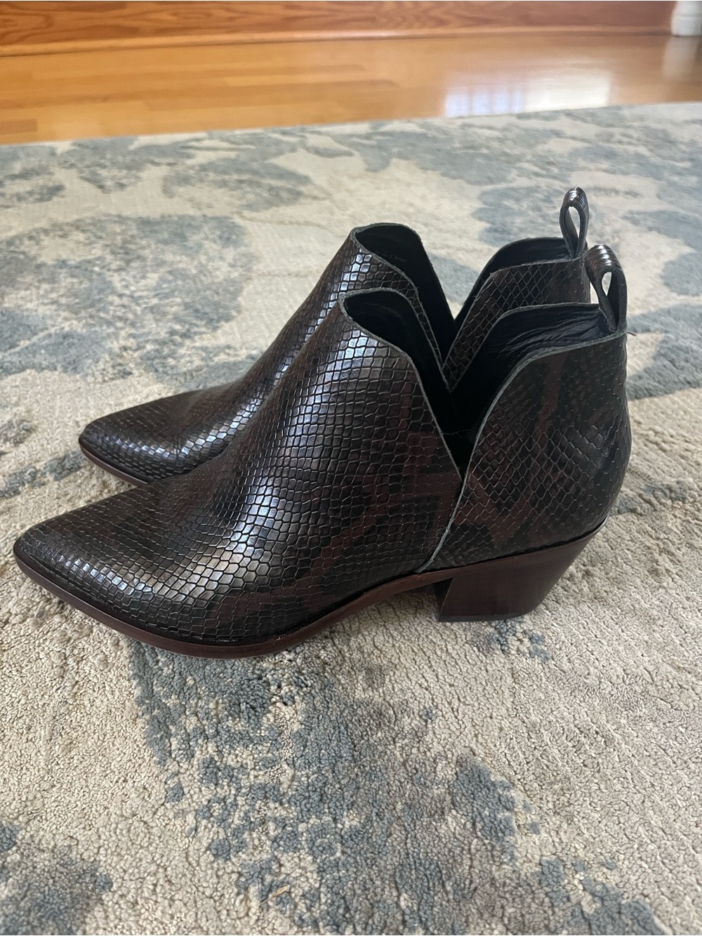 Dolce Vita Dark Brown Snakeskin-Texture Pointed Ankle Booties with Cutout